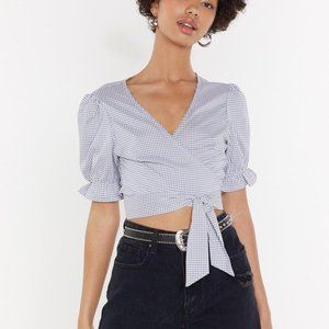 Gingham Puff Sleeve Tie Front Top (BRAND NEW)